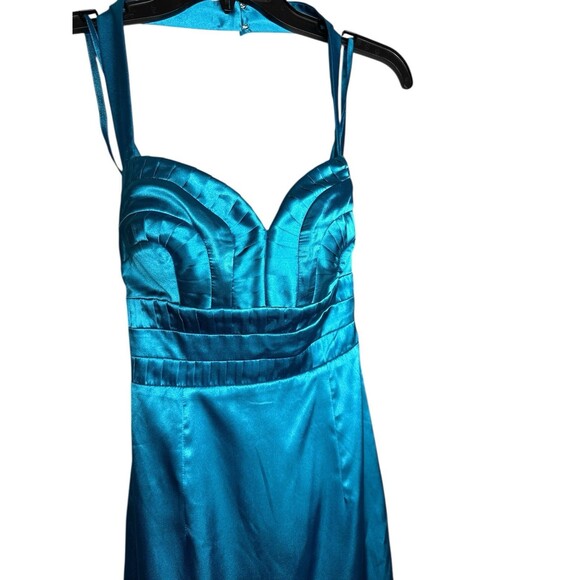 Arden B Sweetheart Double Rope Halter Dress Tropical Turquoise Size 2 Satin Glam - Picture 2 of 8